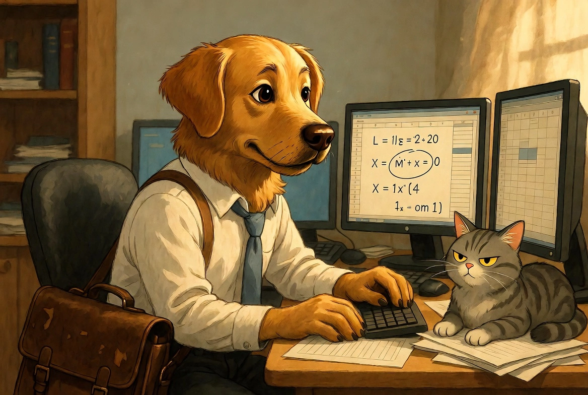 Digby the dogsbody auditing a spreadsheet